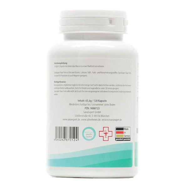Retro del flacone bianco SanaExpert Haar Forte. Testo con istruzioni per l'uso e informazioni del produttore. Con certificazioni.