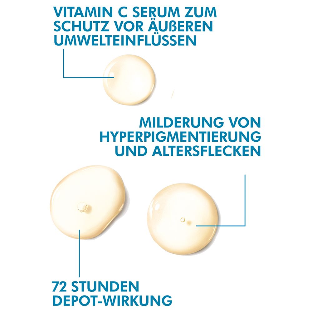 Tre gocce di siero. Testo: Siero alla vitamina C per proteggere dagli agenti esterni. Effetto deposito 72 ore.