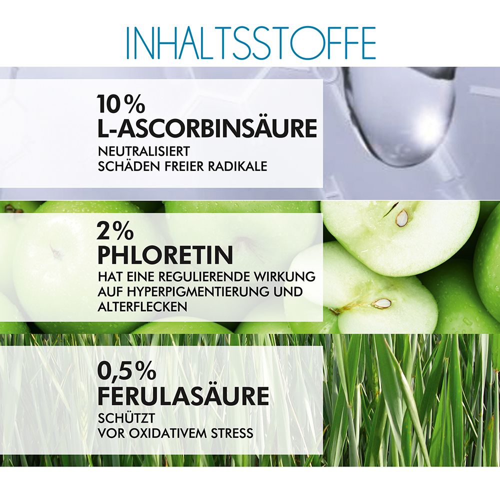Ingredienti. Testo: 10% acido L-ascorbico, 2% florentina, 0,5% acido ferulico. Immagini di mele ed erba.