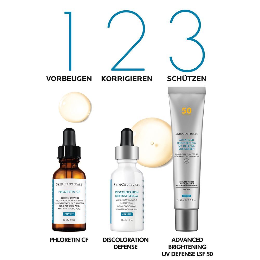 Tre prodotti. Phloretin CF, Discoloration Defense, Advanced Brightening UV Defense SPF 50. Testo: Prevenire, Correggere, Proteggere.