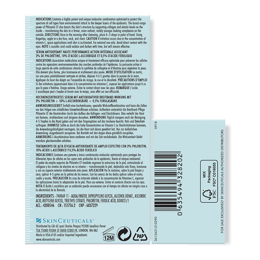 Confezione del prodotto con testo. Testo: Siero antiossidante ad alte prestazioni. Ingredienti e istruzioni per l'uso.