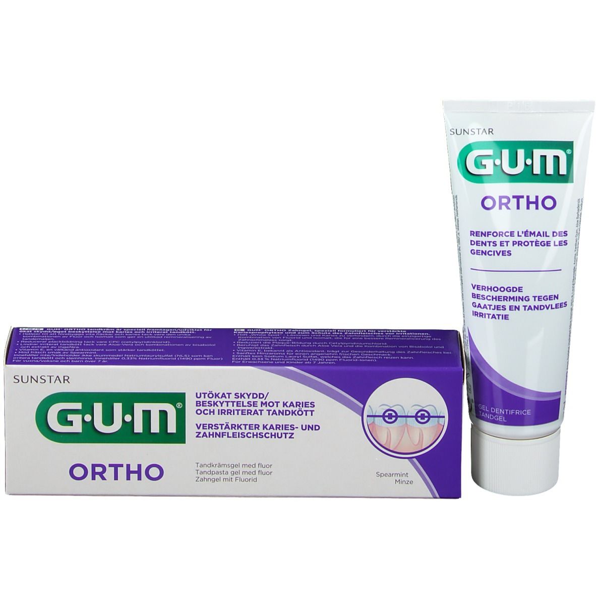 Gel dentale GUM® Ortho e confezione. Tubo e scatola affiancati. Scatola viola e bianca con logo e testo.