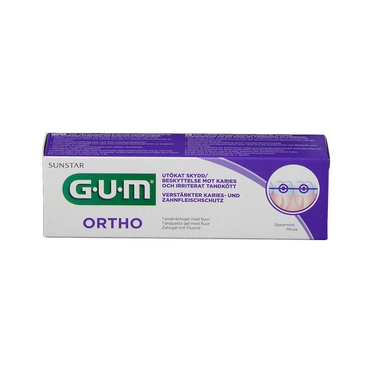 Confezione di gel dentale GUM® Ortho. Scatola viola e bianca con logo e testo. Illustrazione di apparecchio.