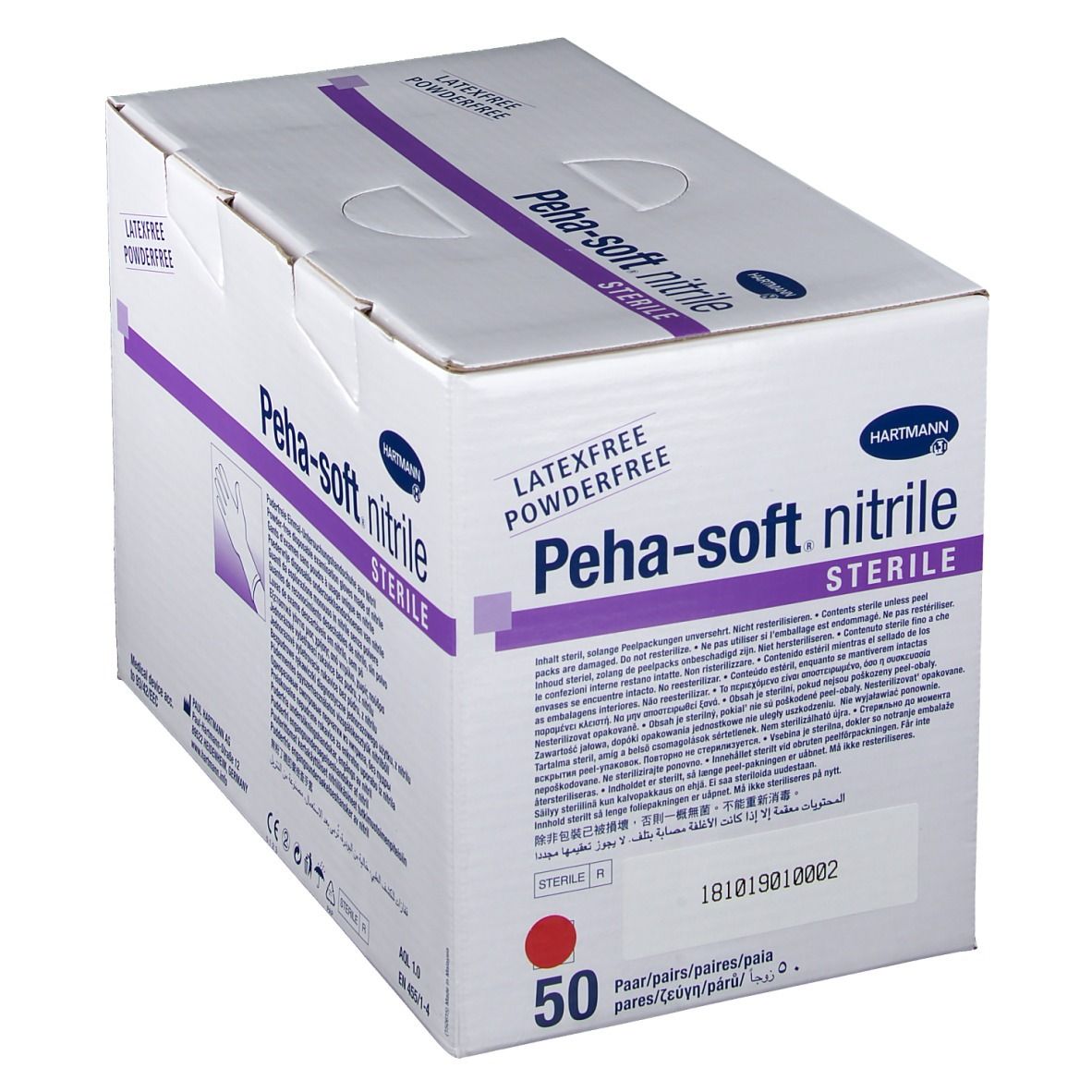 Scatola di guanti Peha-soft nitrile sterili, senza lattice e senza polvere, marchio Hartmann. 50 paia.