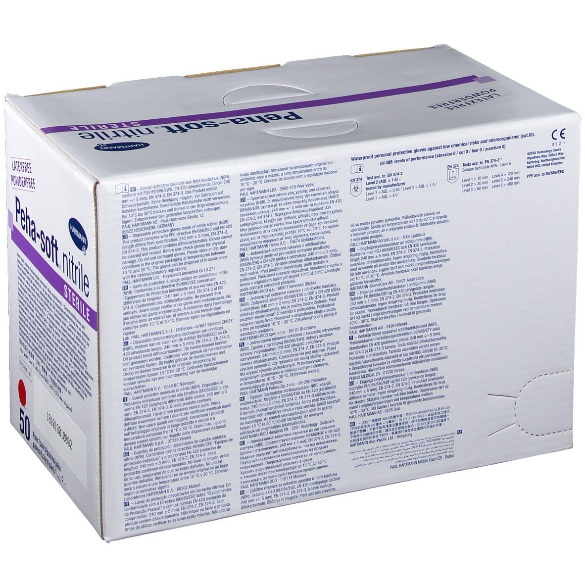 Scatola di guanti Peha-soft nitrile sterili, senza lattice e senza polvere, marchio Hartmann. 50 paia.
