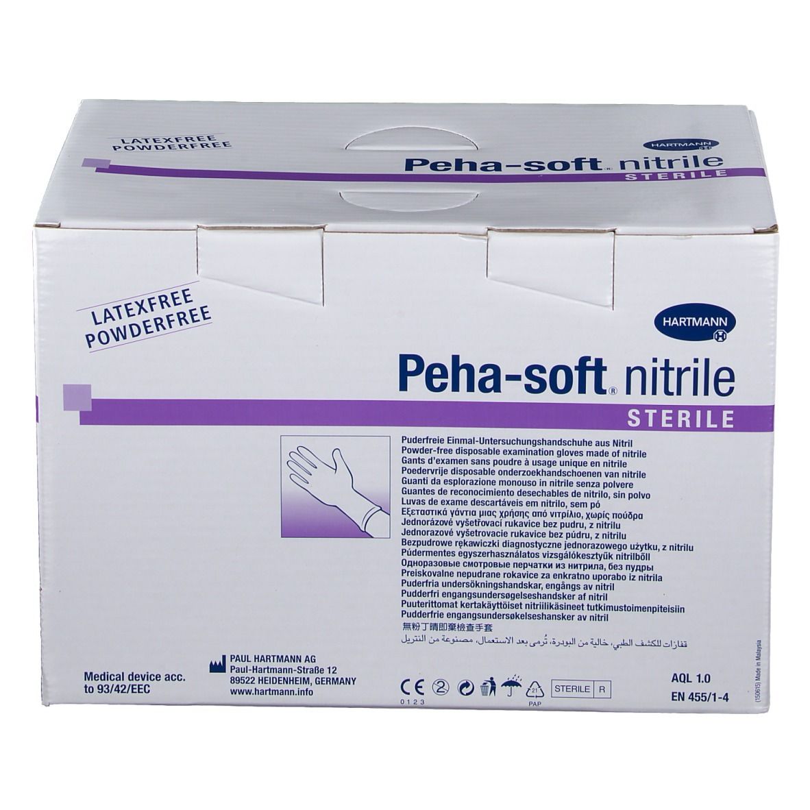 Scatola di guanti Peha-soft nitrile sterili, senza lattice e senza polvere, marchio Hartmann. Sterile.