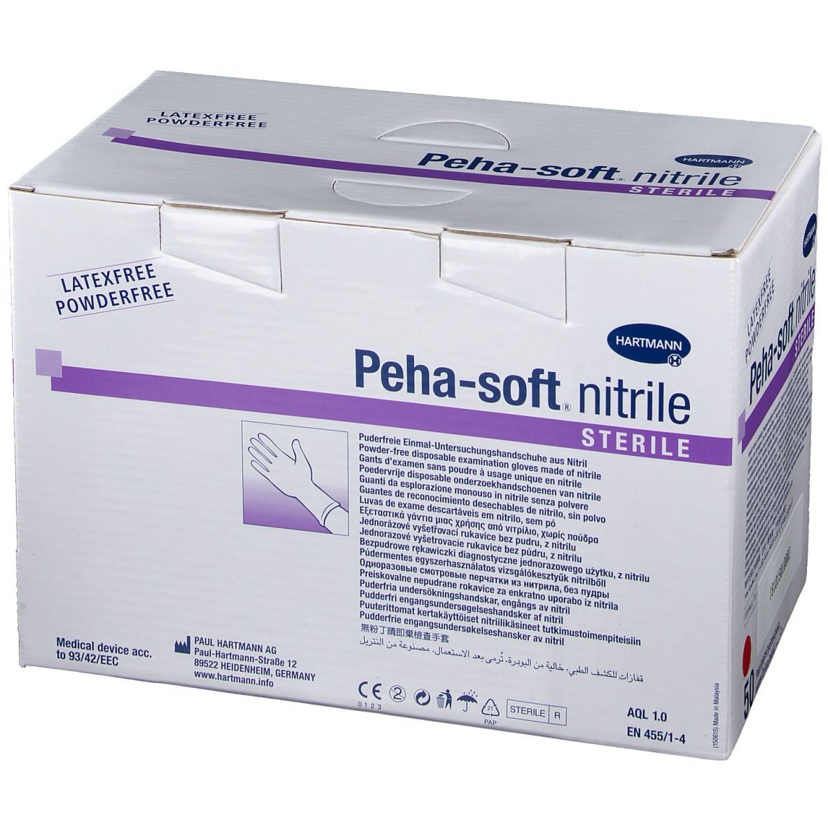 Scatola di guanti Peha-soft nitrile sterili, senza lattice e senza polvere, marchio Hartmann. Sterile.