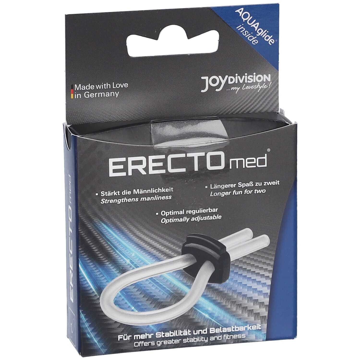 Anello ERECTOmed in materiale trasparente con supporto nero. Confezione con informazioni sul prodotto.