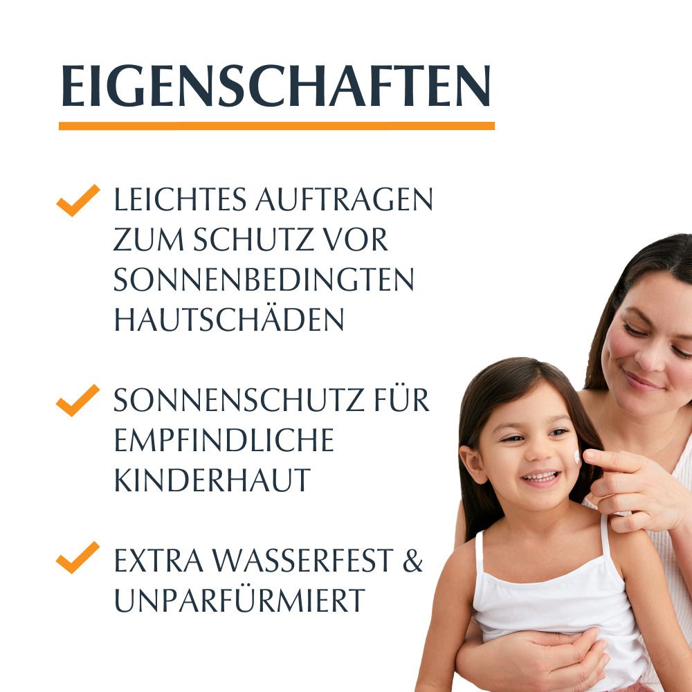 Testo con proprietà: Facile applicazione, protezione dai danni solari, protezione solare per la pelle dei bambini, resistente all'acqua.