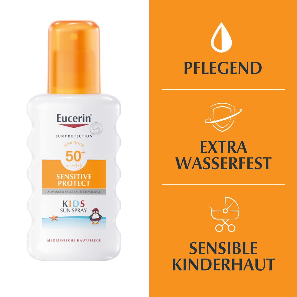 Flacone bianco, tappo arancione. Eucerin Sun Protection 50+ Sensitive Protect Kids Sun Spray. Icone: cura, resistente all'acqua, pelle bambini.