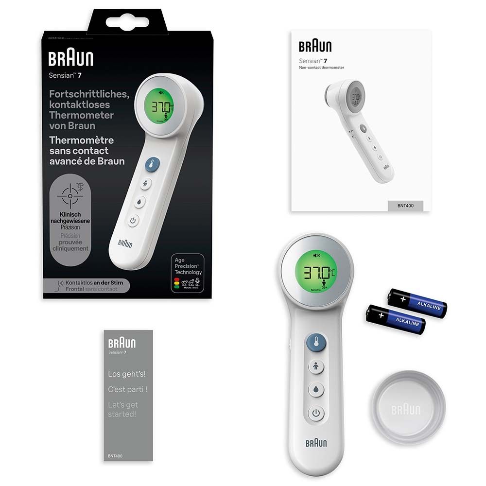 Il termometro, la confezione, il manuale, le batterie e il cappuccio protettivo. Il termometro ha un display e dei pulsanti.