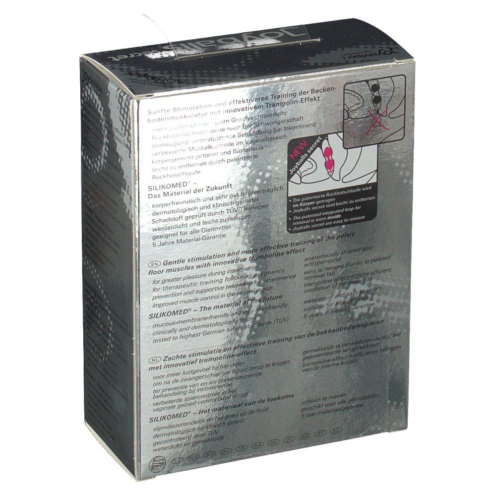 Retro della confezione Joyballs secret. Scatola argentata con testo e illustrazioni. Informazioni sul prodotto.