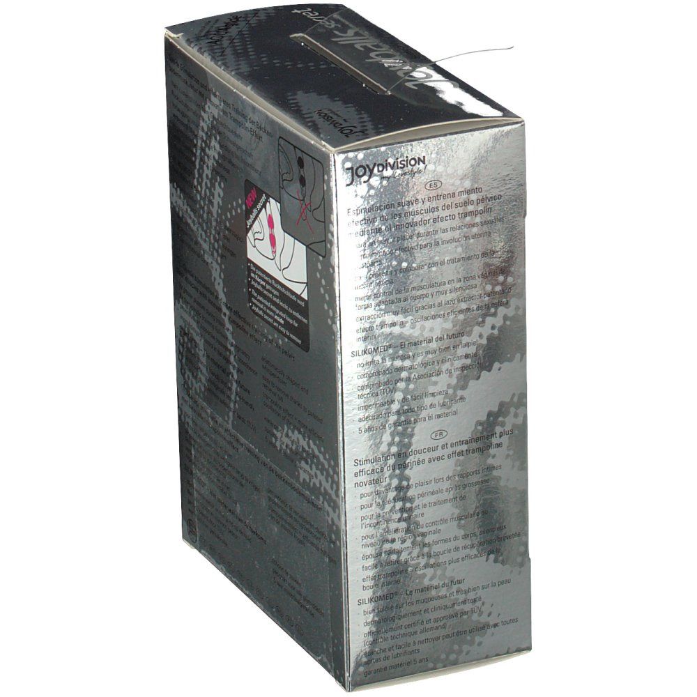 Vista laterale della confezione Joyballs secret. Scatola argentata con testo e illustrazioni. Informazioni sul prodotto.