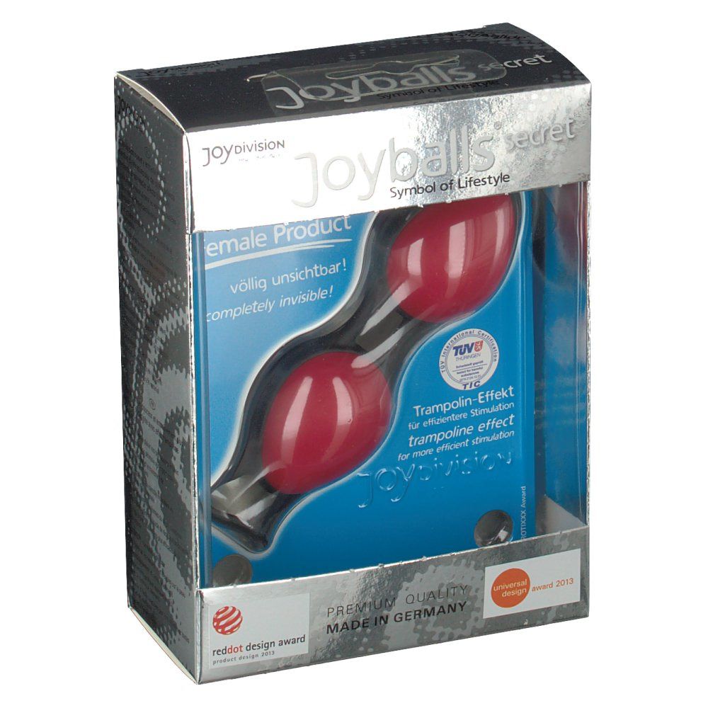 Joyballs secret nella confezione. Sferette rosse in custodia trasparente. Testo: Female Product, completamente invisibile. Reddot Design Award.