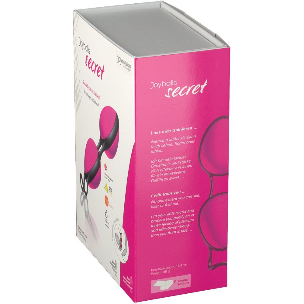 Confezione Joyballs secret. Prodotto rosa-nero, due sfere collegate. Testo: Joyballs secret, Joydivision, I will train you.