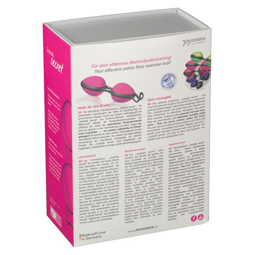 Confezione Joyballs secret. Prodotto rosa-nero, due sfere collegate. Testo: Joyballs secret, Joydivision, Made in Germany.
