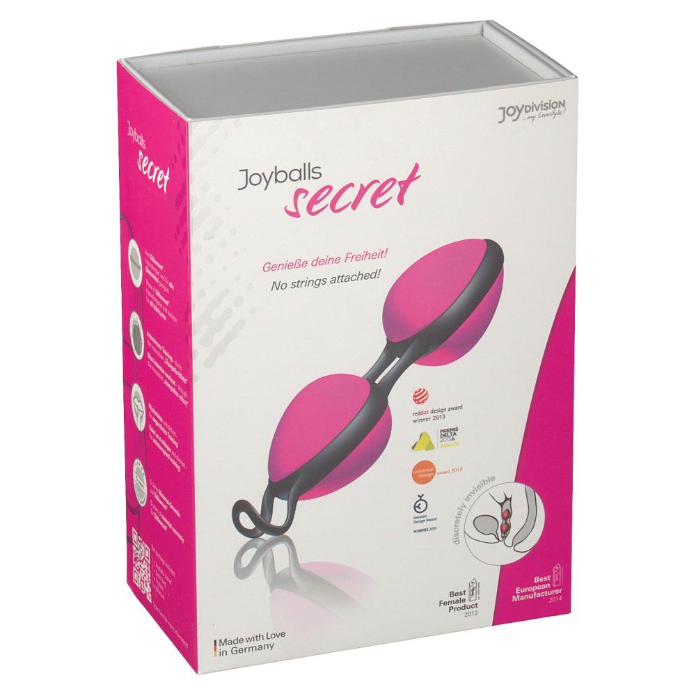 Confezione Joyballs secret. Prodotto rosa-nero, due sfere collegate. Testo: Joyballs secret, Joydivision, Made with Love in Germany.
