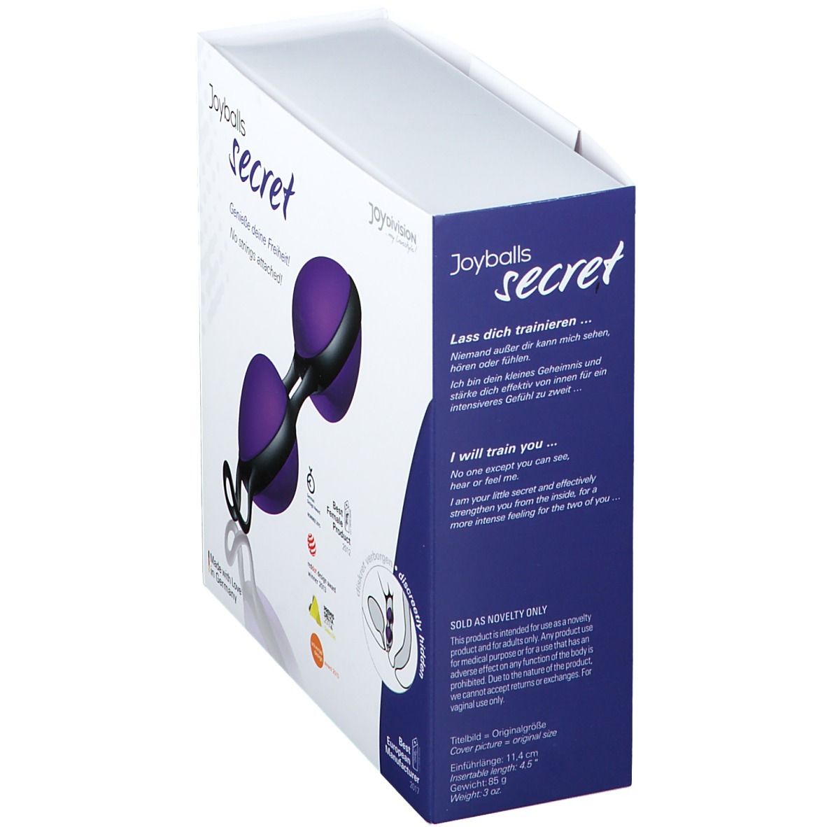 Confezione con prodotto viola-nero. Scritta: Joyballs secret. Testo e loghi.