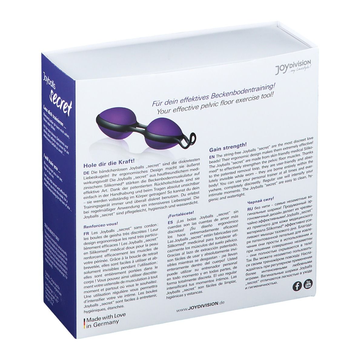 Confezione con prodotto viola-nero. Scritta: Joyballs secret. Testo e loghi.