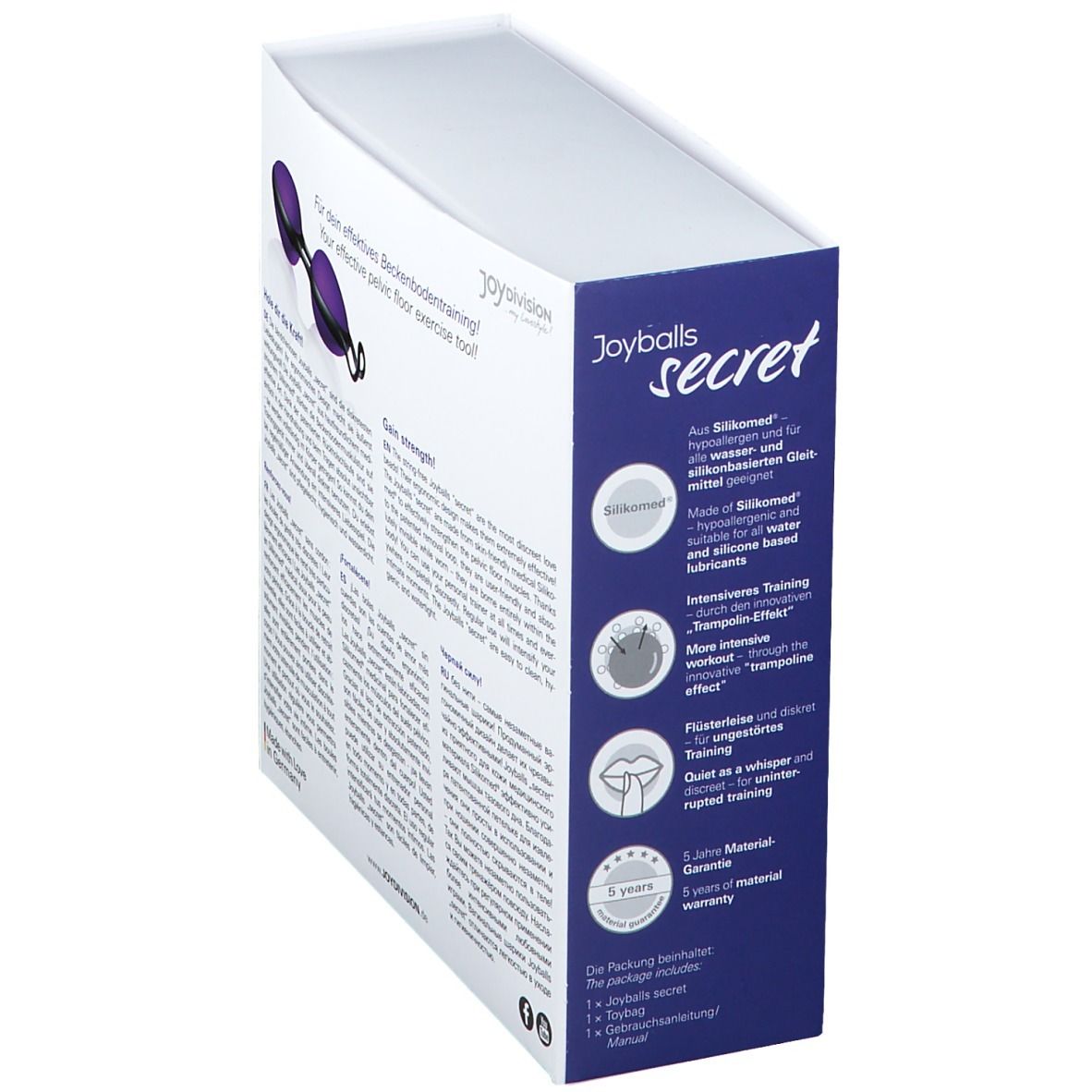 Confezione con prodotto viola-nero. Scritta: Joyballs secret. Testo e loghi.