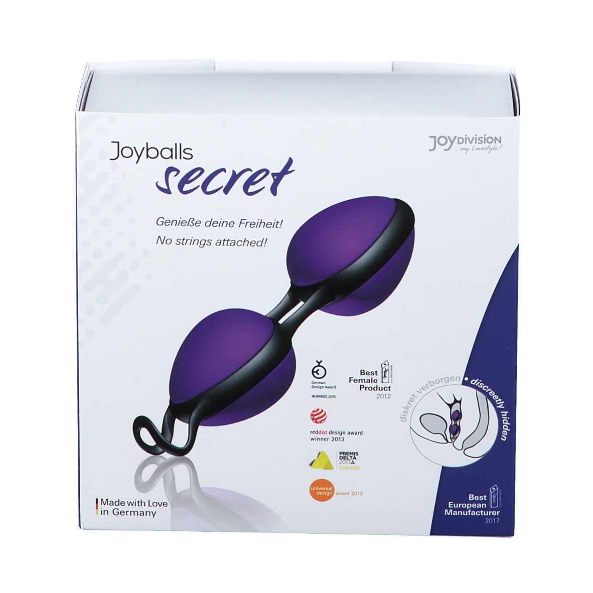 Confezione con prodotto viola-nero. Scritta: Joyballs secret. Immagine del prodotto e loghi.