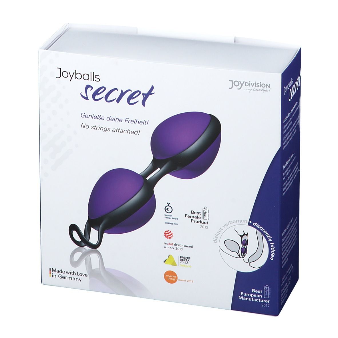 Confezione con prodotto viola-nero. Scritta: Joyballs secret. Immagine del prodotto e loghi.