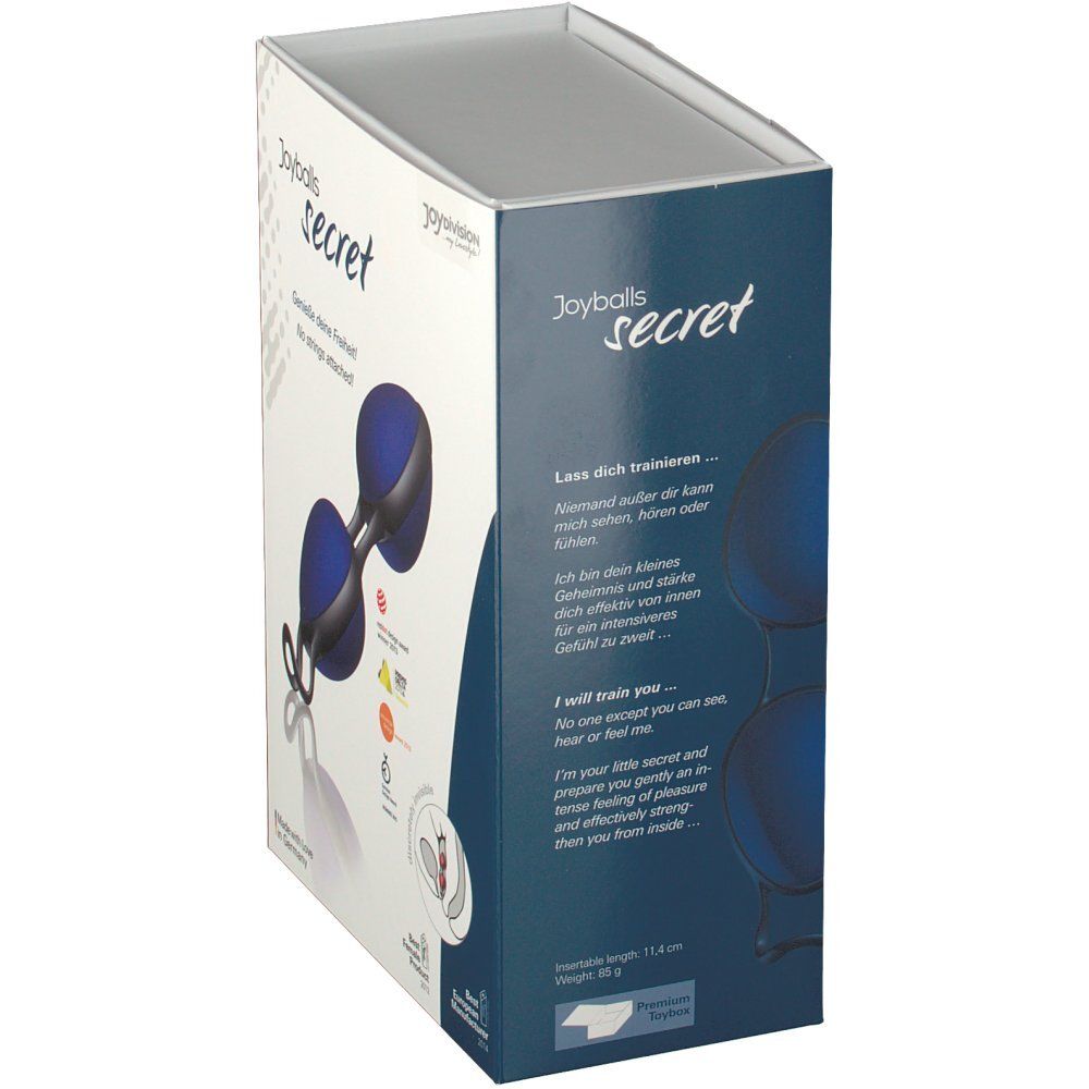 Confezione di Joyballs secret blu-nero. Immagine del prodotto, testo. Informazioni sull'uso e sui vantaggi.