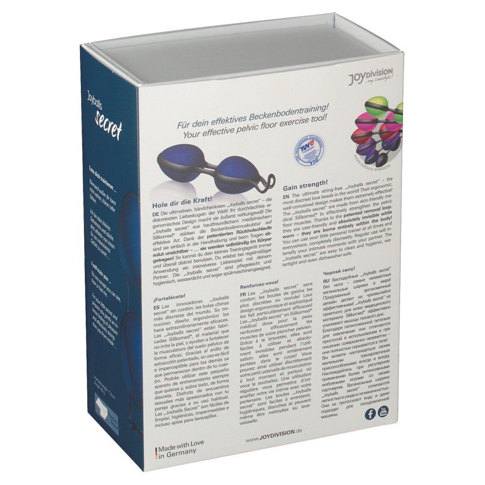 Confezione di Joyballs secret blu-nero. Informazioni testuali, immagine del prodotto. Informazioni sull'uso e sui vantaggi.