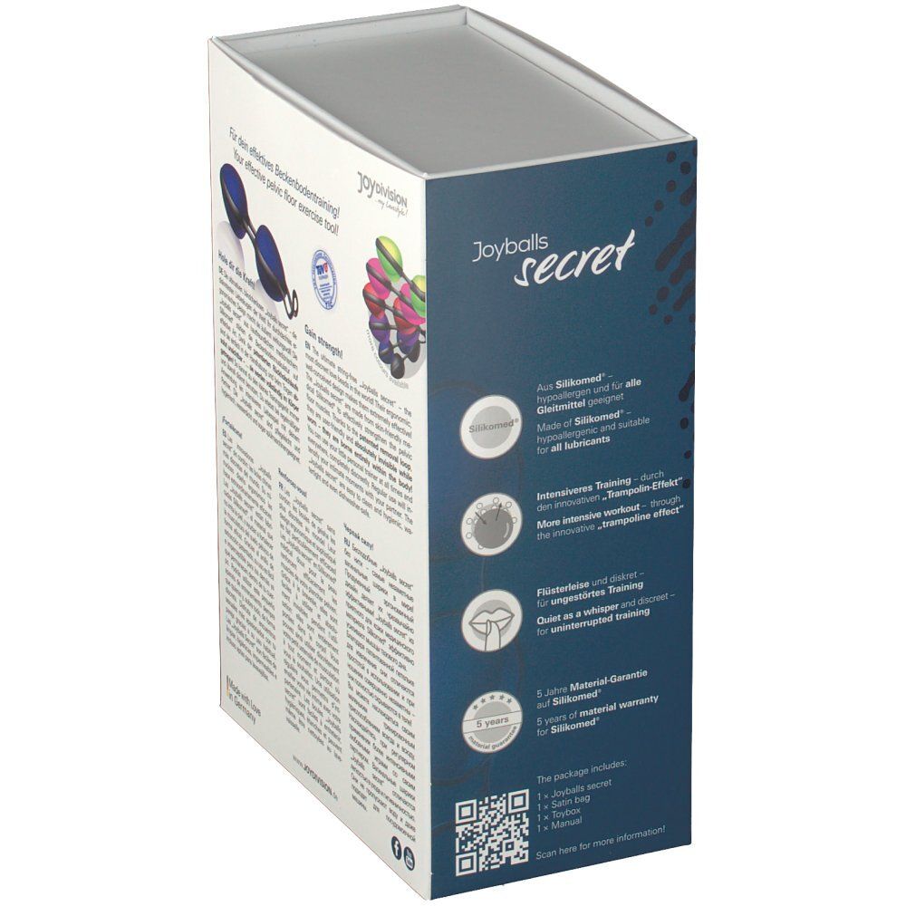 Confezione di Joyballs secret blu-nero. Immagine del prodotto, testo. Informazioni sugli ingredienti e sulla garanzia.