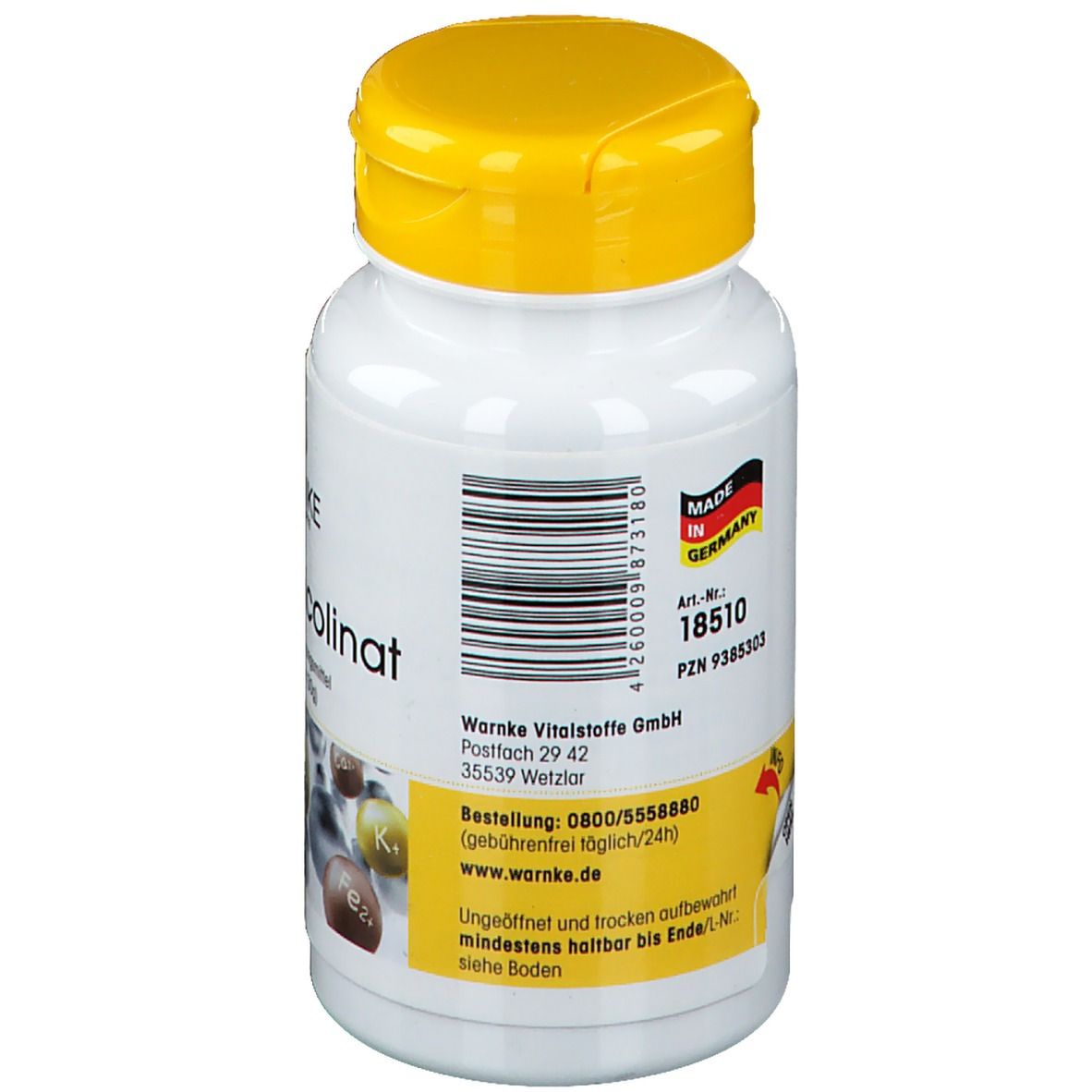 Retro del flacone bianco con tappo giallo. Testo: Warnke Vitalstoffe GmbH. Made in Germany. Codice a barre e numero di lotto.