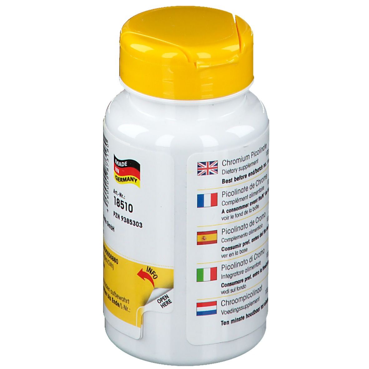 Retro del flacone con tappo giallo. Testo: Picolinato di Cromo. Da consumarsi preferibilmente entro... Made in Germany.