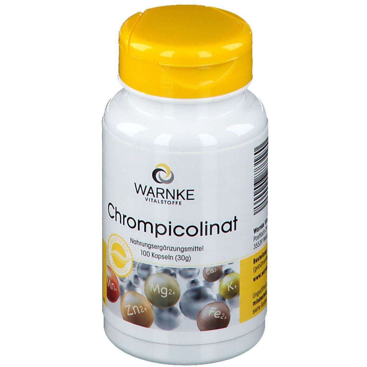 Flacone bianco con tappo giallo. Scritta: WARNKE Chrompicolinato. Integratore alimentare. 100 capsule.
