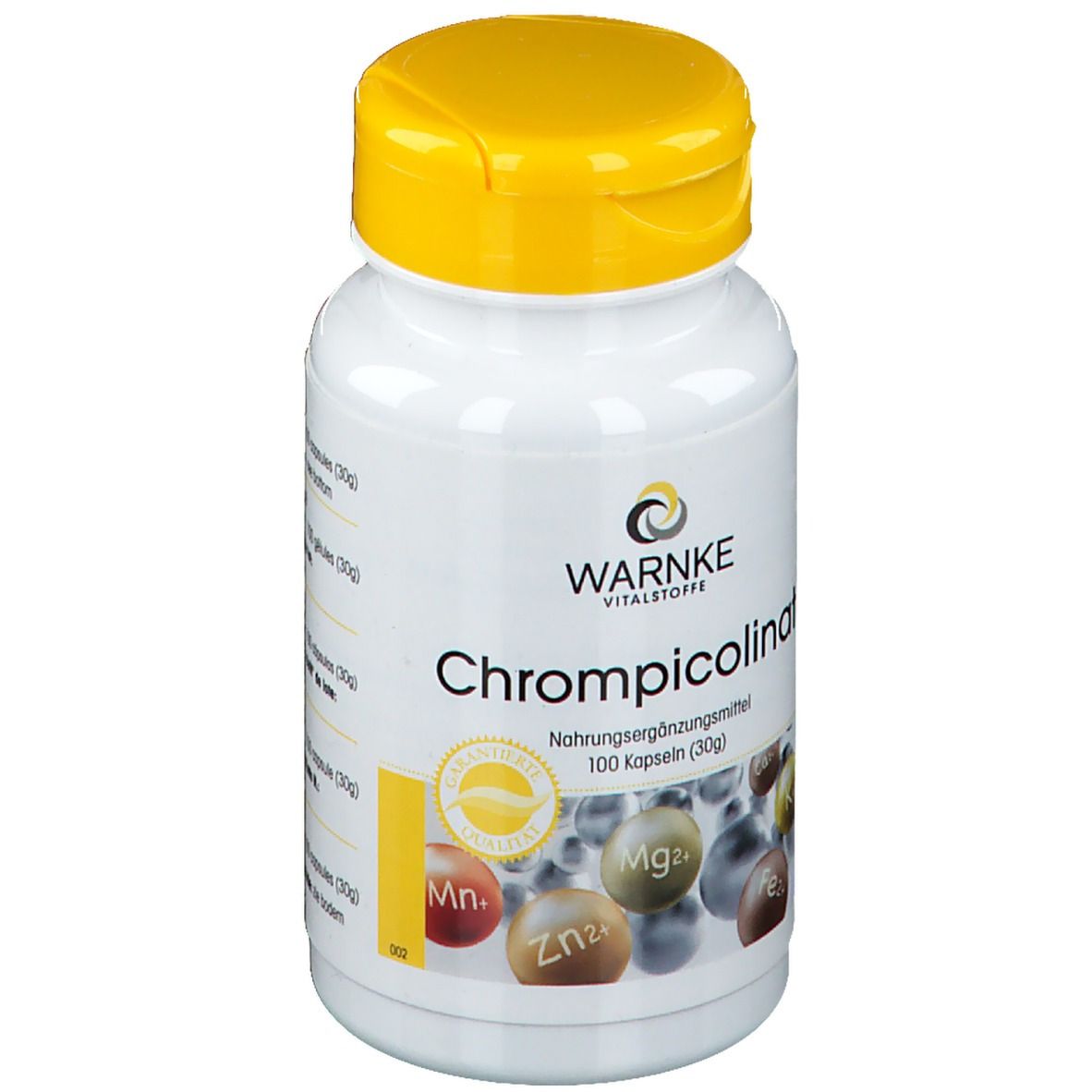 Flacone bianco con tappo giallo. Scritta: WARNKE Chrompicolinato. Integratore alimentare. 100 capsule.