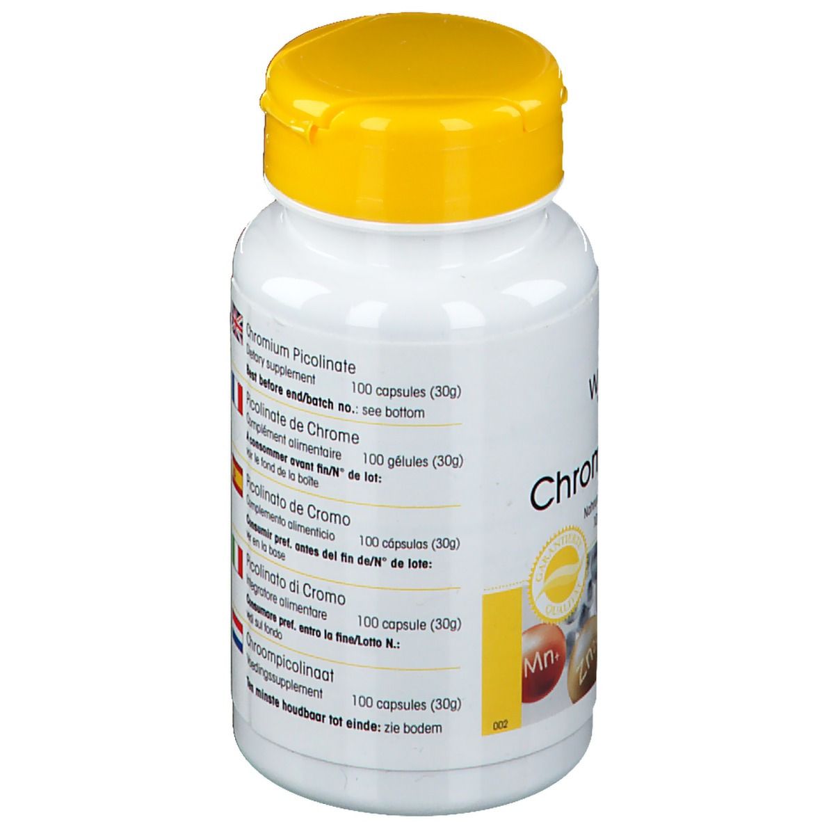 Retro del flacone con tappo giallo. Testo: Picolinato di Cromo. Da consumarsi preferibilmente entro... Made in Germany.