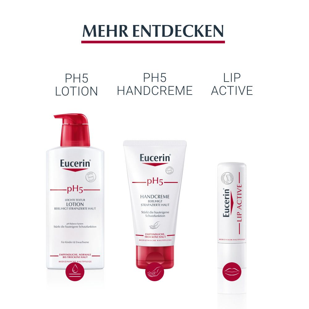Lozione Eucerin pH5, crema mani e balsamo labbra Lip Active.