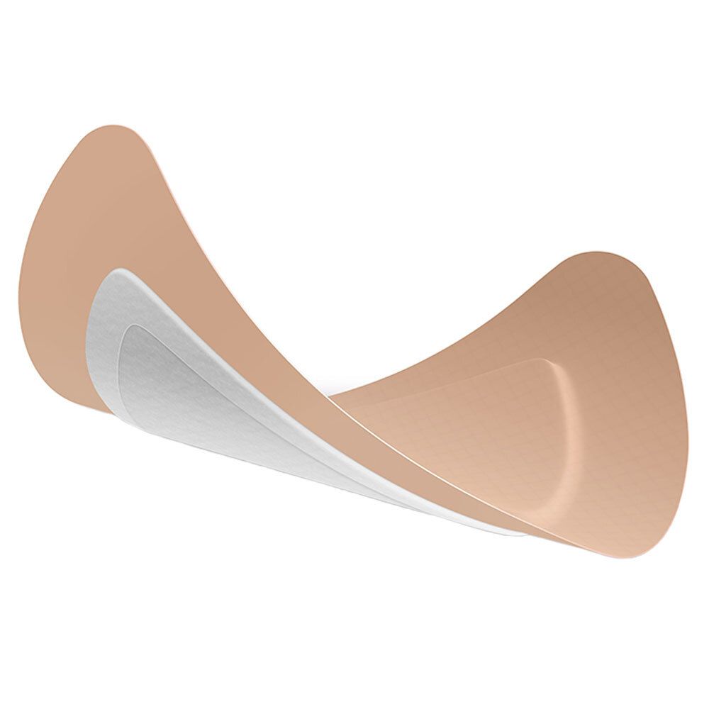 Medicazione AQUACEL Foam, beige e bianca. Multistrato, rappresentata curva. Strato superiore beige, sotto bianco.