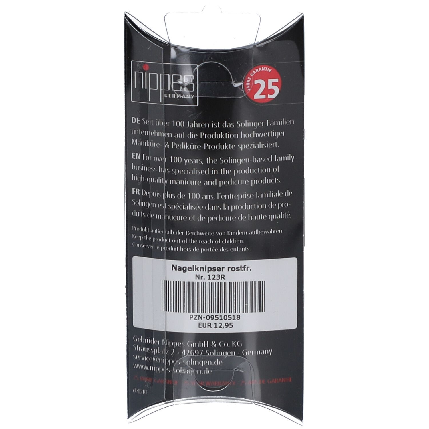 Retro della confezione con testo e informazioni sul prodotto. Tagliaunghie inossidabile, n. 123R. Garanzia 25 anni.