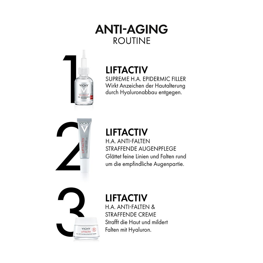 Routine anti-età. 3 prodotti: siero, contorno occhi, crema. Scritta: Liftactiv.