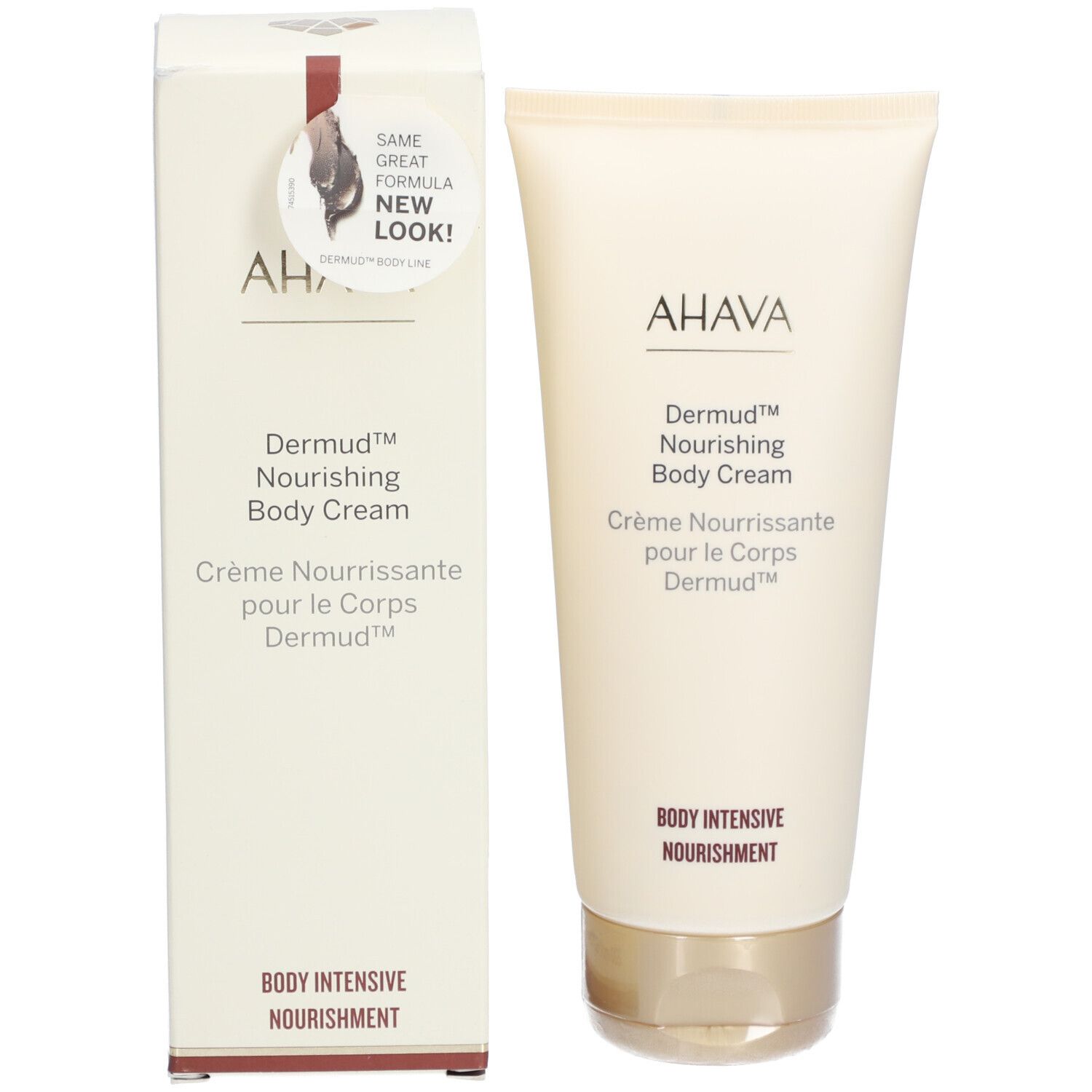 Confezione del prodotto con tubo di crema. Scatola e tubo. Testo: AHAVA, Dermud Nourishing Body Cream. Stessa formula, nuovo look.