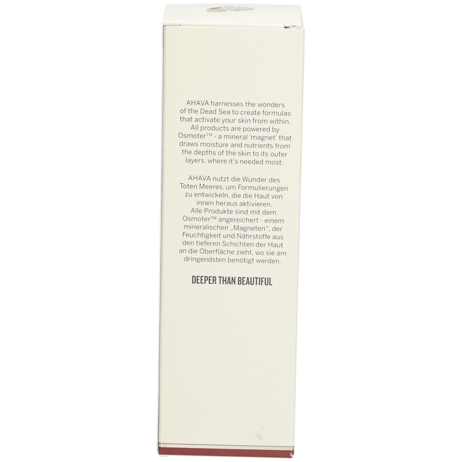 Confezione del prodotto. Testo: descrizione degli ingredienti e dei vantaggi. Testo: Deeper than Beautiful.