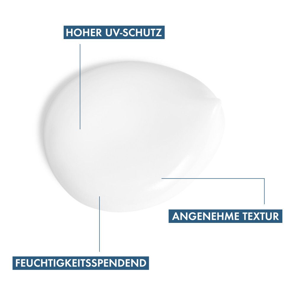 Prodotto bianco su sfondo bianco. Testo: Alta protezione UV, idratante, texture piacevole.
