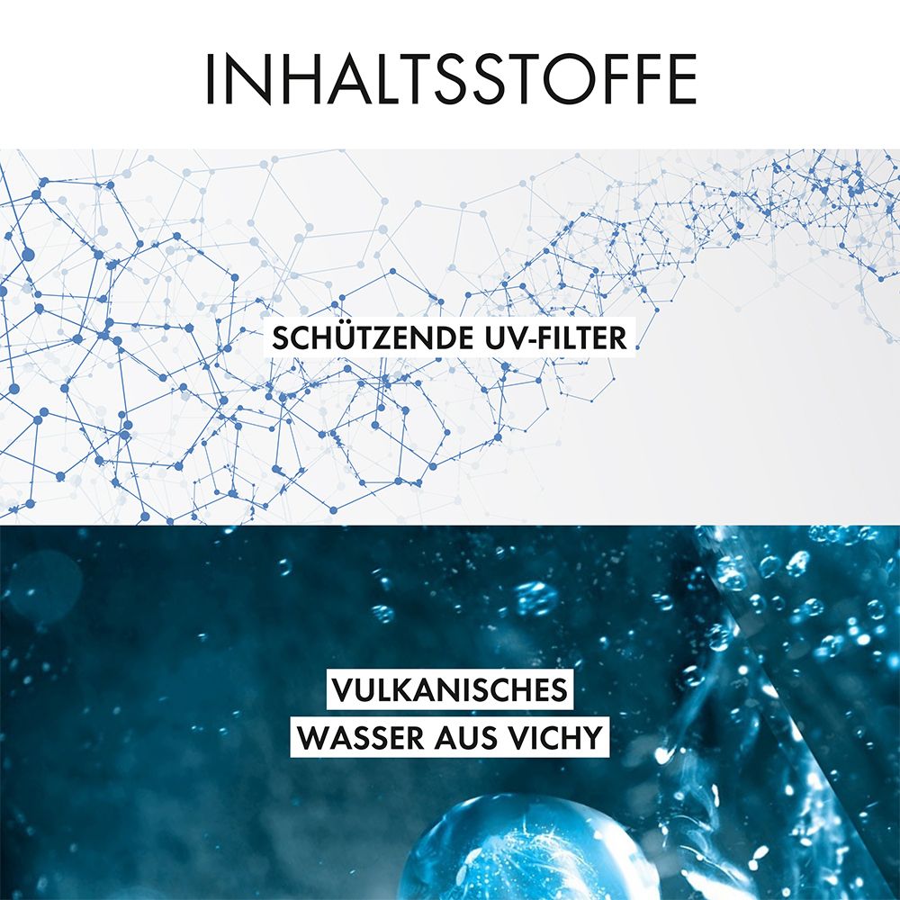 Grafica con ingredienti. Testo: Filtri UV protettivi, acqua vulcanica di Vichy.