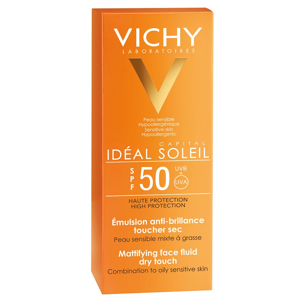 Confezione Vichy Capital Soleil. SPF 50. Testo: Ideal Soleil, Emulsione anti-lucido tocco secco.