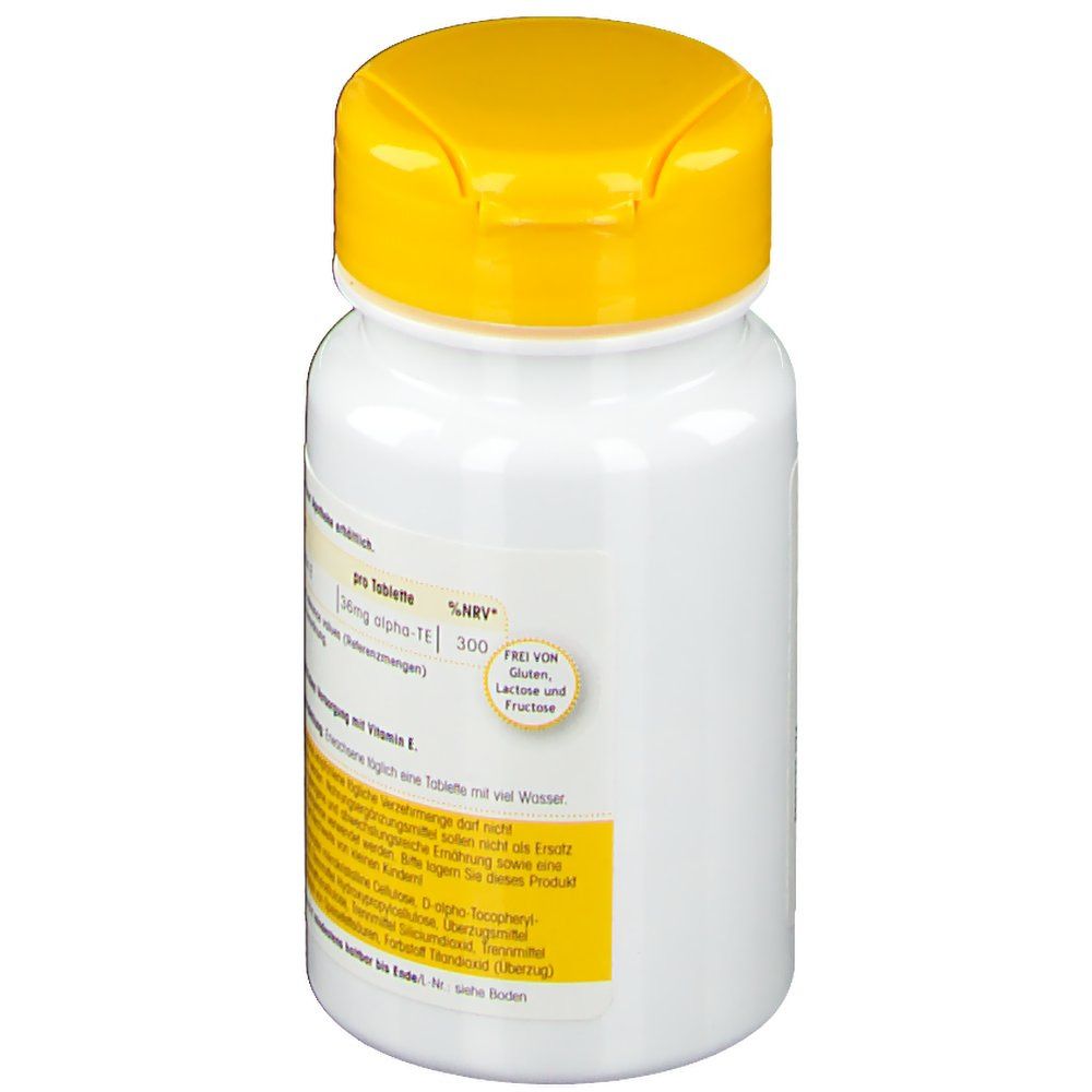 Flacone bianco con tappo giallo. Scritta: Senza glutine, lattosio e fruttosio. Informazioni testuali. Vitamina E, 36mg.
