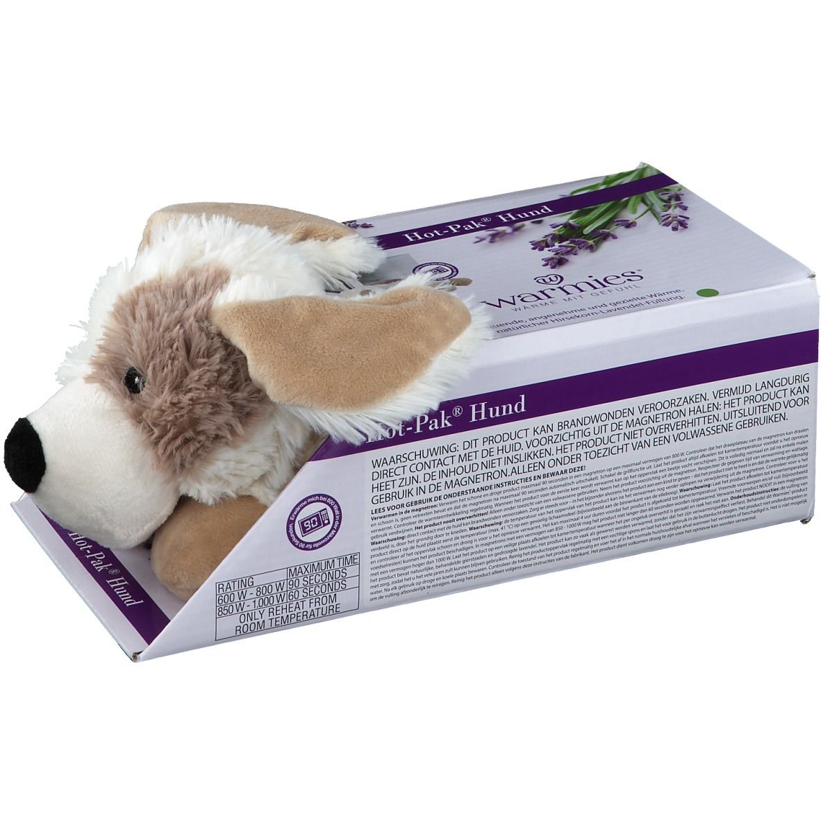 Confezione di cartone per "Hot-Pak Hund" con motivo lavanda e illustrazione del prodotto.