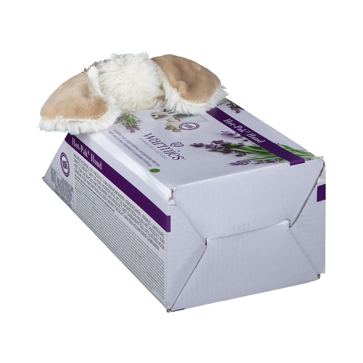 Confezione per cuscino termico a forma di cane con motivo lavanda.