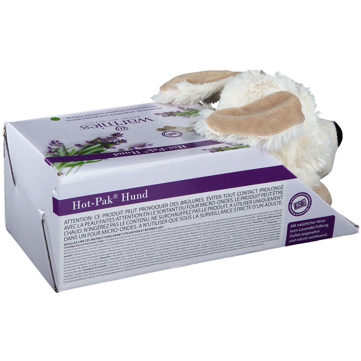 Confezione per cuscino termico a forma di cane con motivo lavanda.