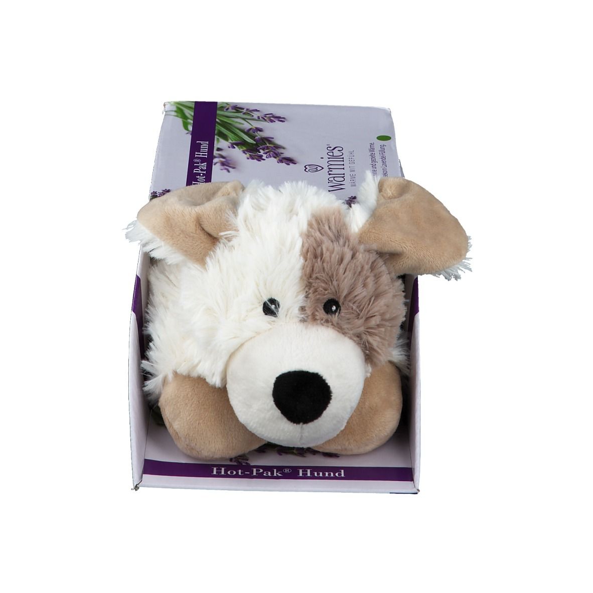 Confezione per cuscino termico a forma di cane con motivo lavanda.