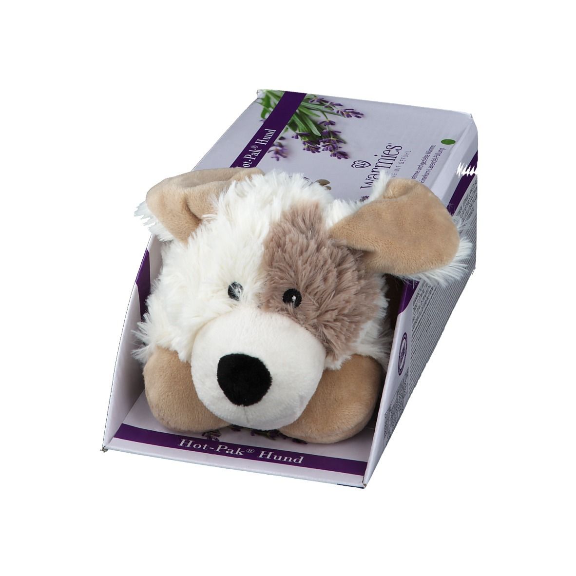 Confezione per cuscino termico a forma di cane con motivo lavanda.