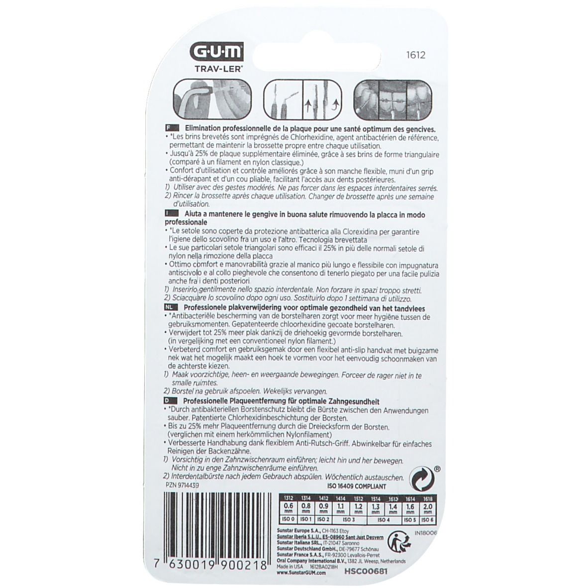 Retro della confezione con informazioni sul prodotto. Testo in tedesco, francese, italiano e olandese.